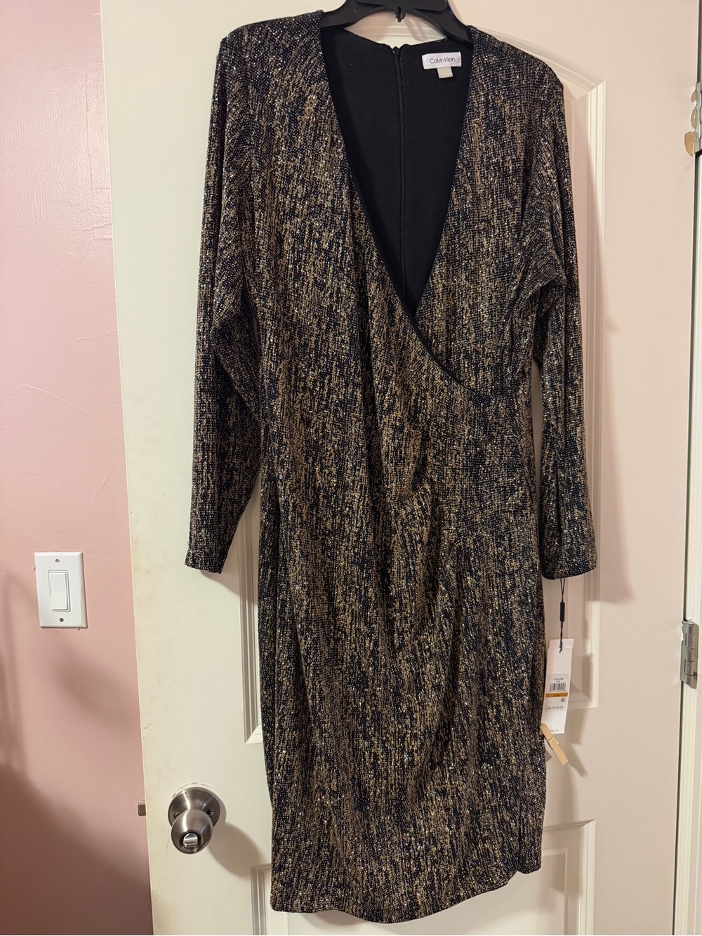 Calvin Klein Black and Gold Metallic Wrap-Style Long Sleeve Dress